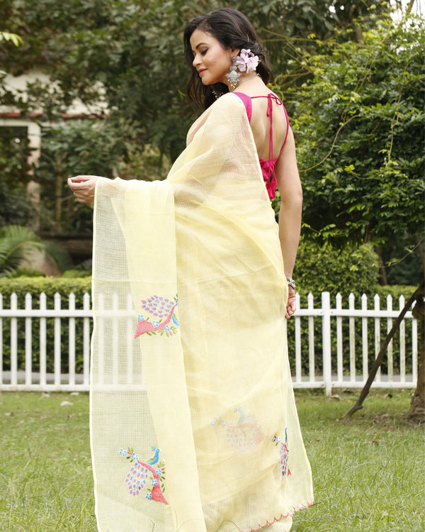 French Beige Pure Kota Doria Saree Embroidered