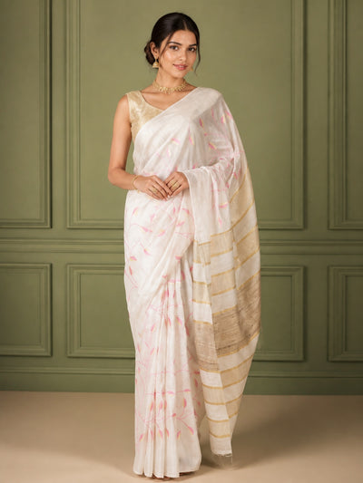 Eri Silk Digital Embroidered White Saree with Running Blouse-Indiehaat