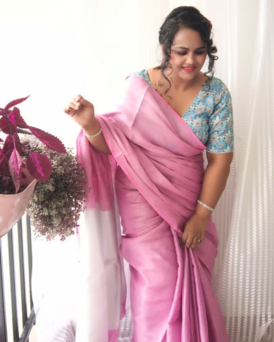 Modern Pure Tissue Linen Handdyed Saree Pink