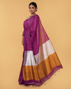 Silk Linen Plain Saree Deep Purple Color with contrast border and attached Running Blouse-Indiehaat