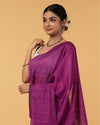 Silk Linen Plain Saree Deep Purple Color with contrast border and attached Running Blouse-Indiehaat