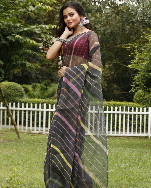 Midnight Cotton Kota Doria Black Saree Handcrafted