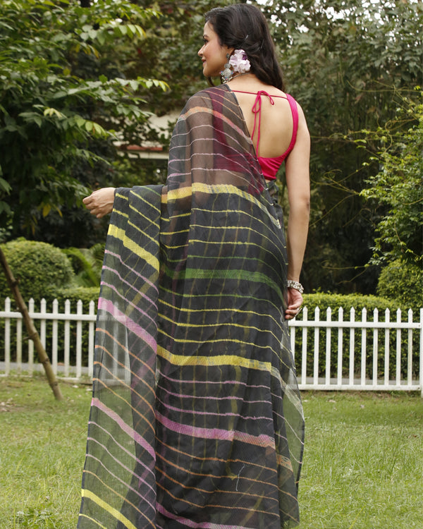 Midnight Cotton Kota Doria Black Saree Handcrafted