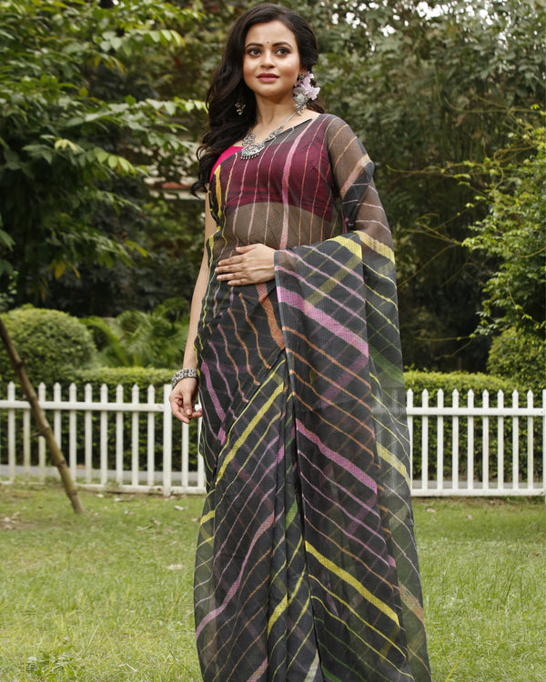 Midnight Cotton Kota Doria Black Saree Handcrafted