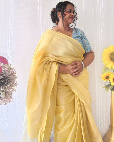 Gorgeous Pure Tissue Linen Handdyed Saree Yellow