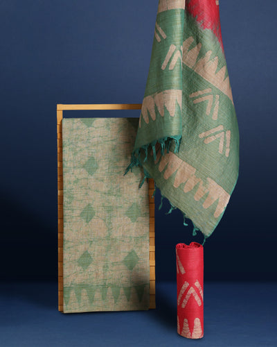 Khadi Cotton Batik Handblock Print GreenSuit Piece with Bottom and Dupatta-Indiehaat