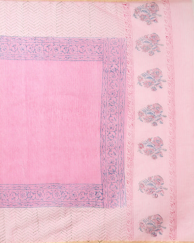 Poised Kota Doria Pink Blockprinted Suit (Top+Dupatta+Bottom)