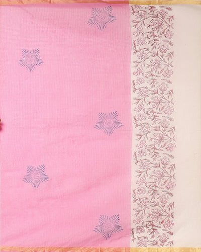 Bright Kota Doria Pink Blockprinted Suit (Top+Dupatta+Bottom)