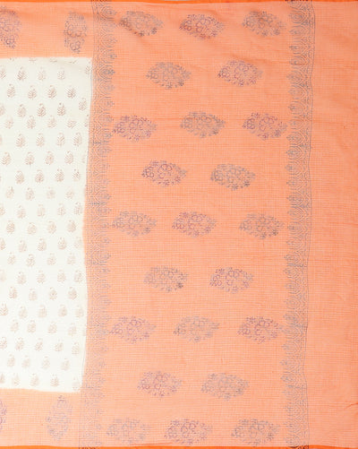 Vibrant Kota Doria Blockprinted White & Orange Saree