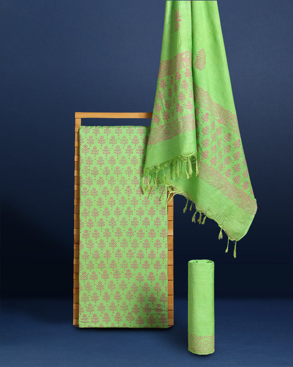 Katan Silk Stunning Blockprint Green Suit