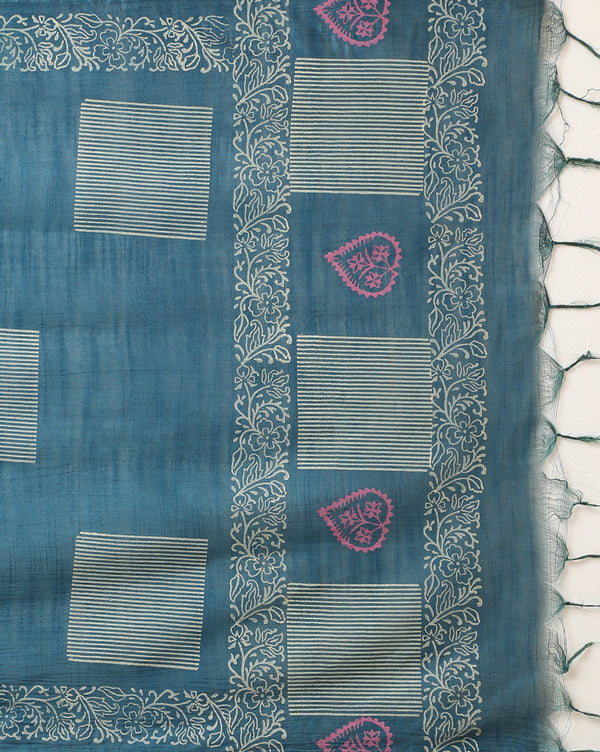 Katan Silk Textured Blockprint Blue Suit