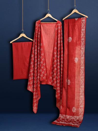 Katan Silk Blushing Blockprint Red Suit