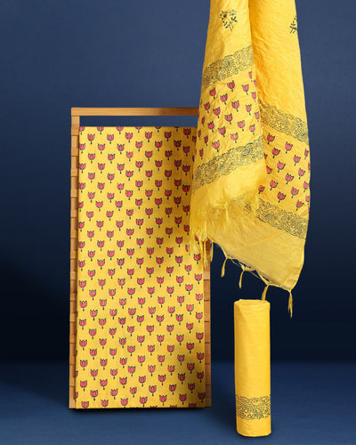 Katan Silk Gracious Blockprint Yellow Suit