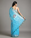 Decorous Pure Linen Floral Embroidered Blue Saree