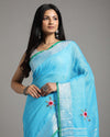 Decorous Pure Linen Floral Embroidered Blue Saree