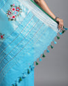 Decorous Pure Linen Floral Embroidered Blue Saree