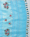 Decorous Pure Linen Floral Embroidered Blue Saree