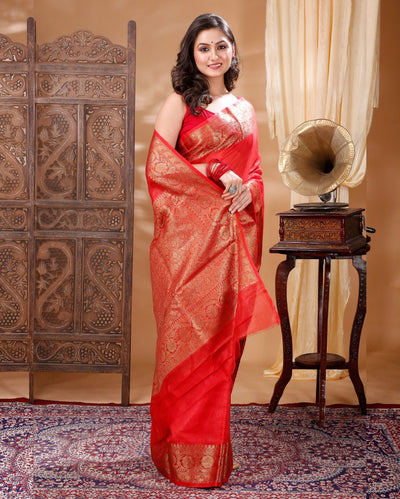 Mesmerizing Banarasi Silk Linen Orange Handloom Saree