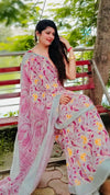 Cotton Linen Saree Off White Color Printed with running blouse-Indiehaat