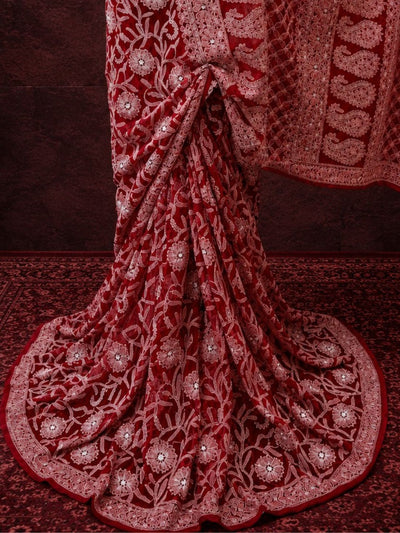 Indiehaat | Red Georgette Chikankari Saree | Lucknowi