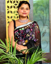 Pure Linen Handloom Saree Eerie Black Color Hand Embroidered with Running Blouse-Indiehaat