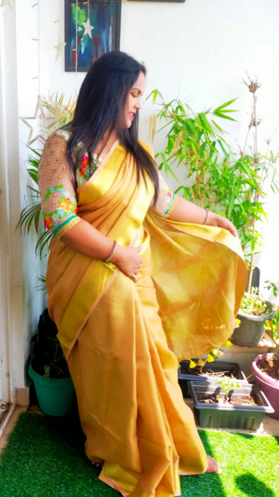 Hand Dyed Pure Tissue Linen Golden Yellow Color Saree With Running Blouse-Indiehaat