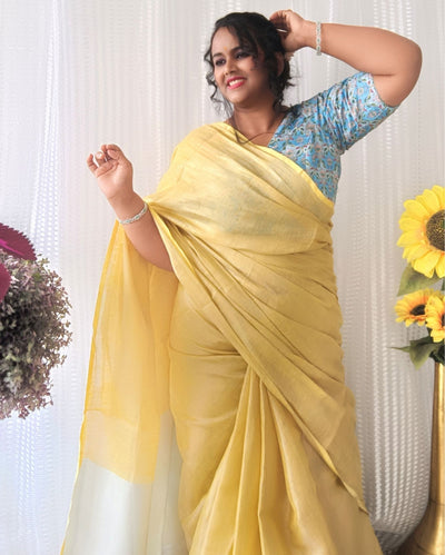 Gorgeous Pure Tissue Linen Handdyed Saree Yellow