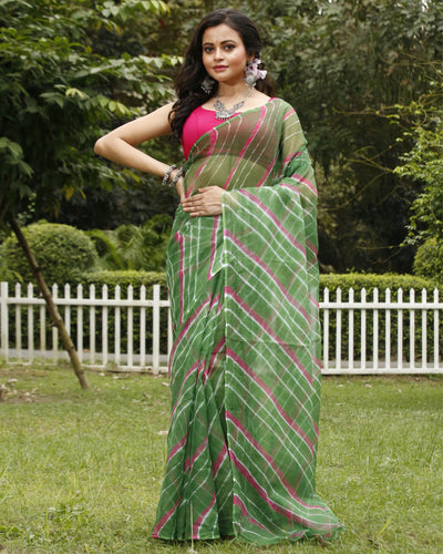 Forest Cotton Kota Doria Green Saree Handcrafted