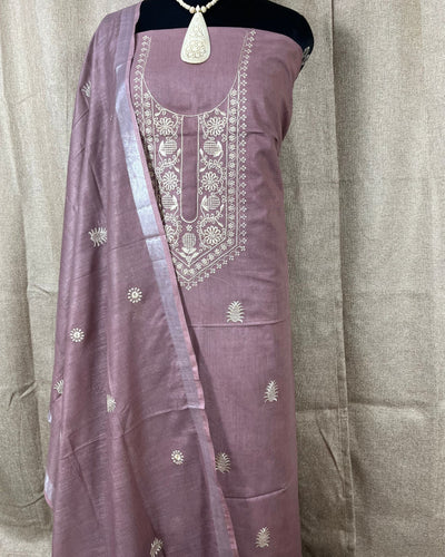 Indiehaat | Gulmohar Slub Linen Mauve Unstiched Embroidered Suit