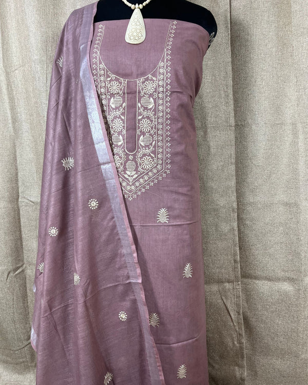Indiehaat | Gulmohar Slub Linen Mauve Unstiched Embroidered Suit