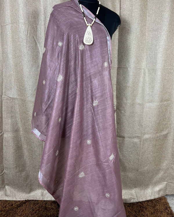 Indiehaat | Gulmohar Slub Linen Mauve Unstiched Embroidered Suit