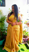 Hand Dyed Pure Tissue Linen Golden Yellow Color Saree With Running Blouse-Indiehaat