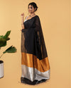 Silk Linen Plain Saree Black Color with contrast border and attached Running Blouse-Indiehaat