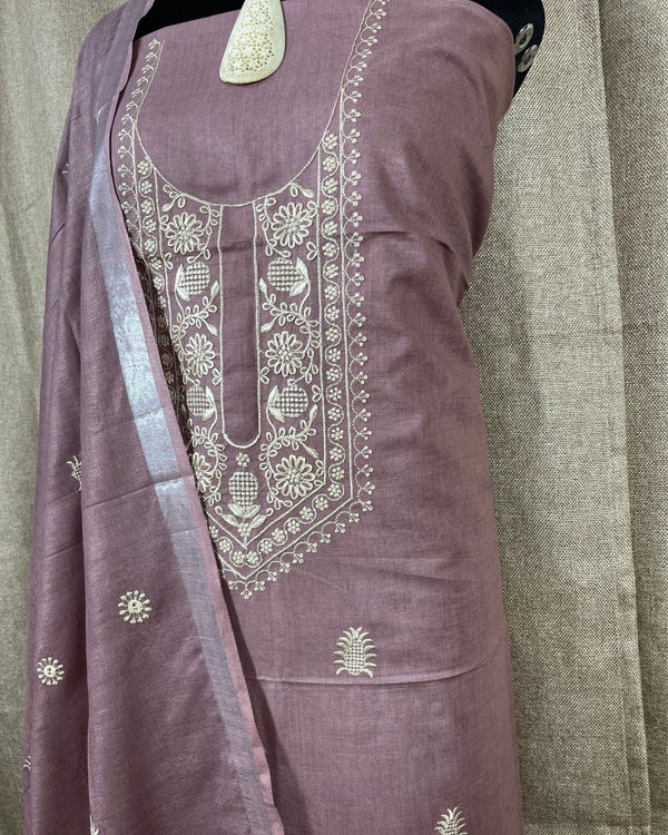Indiehaat | Gulmohar Slub Linen Mauve Unstiched Embroidered Suit