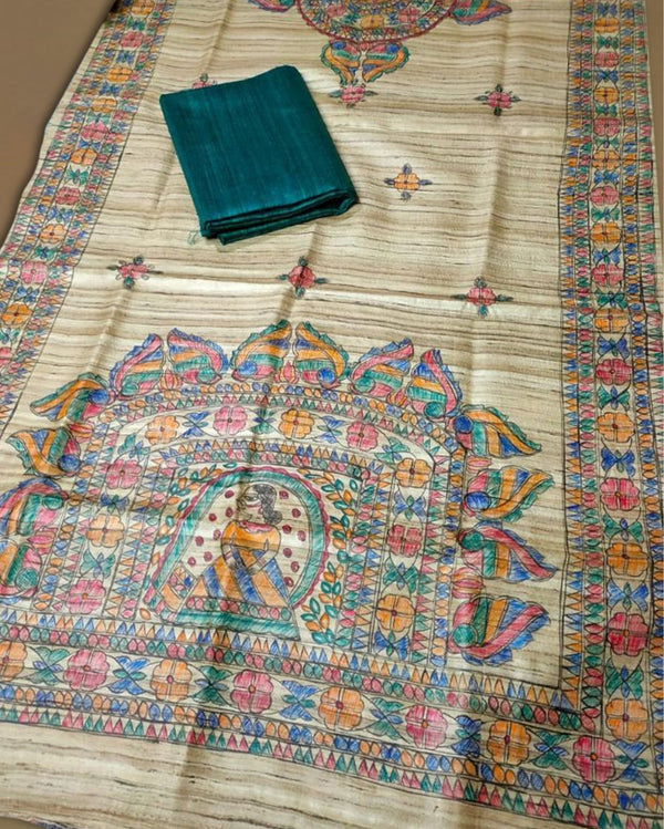 Silkmark Tussar Beige Madhubani Misty Dupatta & Green Top