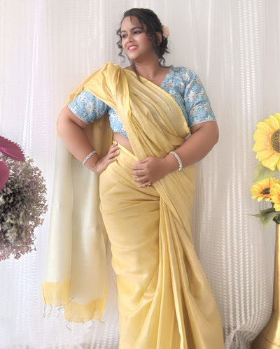 Gorgeous Pure Tissue Linen Handdyed Saree Yellow