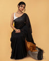 Silk Linen Plain Saree Black Color with contrast border and attached Running Blouse-Indiehaat