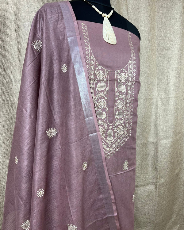 Indiehaat | Gulmohar Slub Linen Mauve Unstiched Embroidered Suit