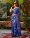 Silkmark Certified Tussar Moonga Banarasi Silk Saree Navy Blue Color with running blouse-Indiehaat