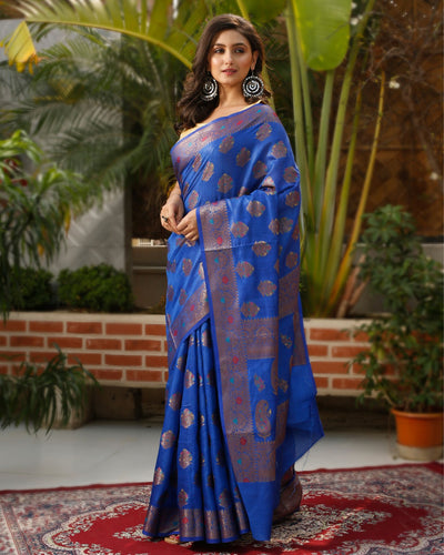 Silkmark Certified Tussar Moonga Banarasi Silk Saree Navy Blue Color with running blouse-Indiehaat