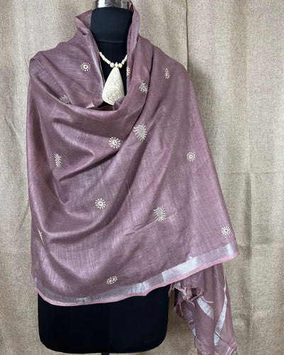 Indiehaat | Gulmohar Slub Linen Mauve Unstiched Embroidered Suit