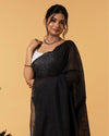 Silk Linen Plain Saree Black Color with contrast border and attached Running Blouse-Indiehaat