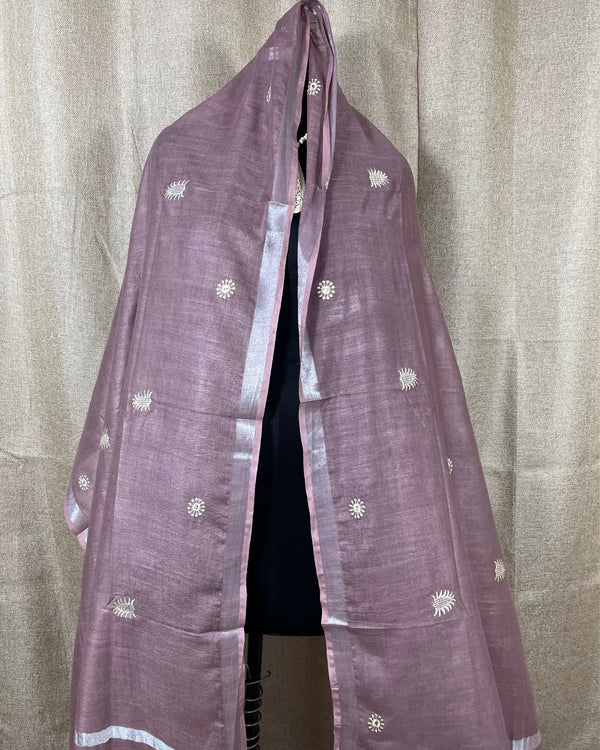Indiehaat | Gulmohar Slub Linen Mauve Unstiched Embroidered Suit