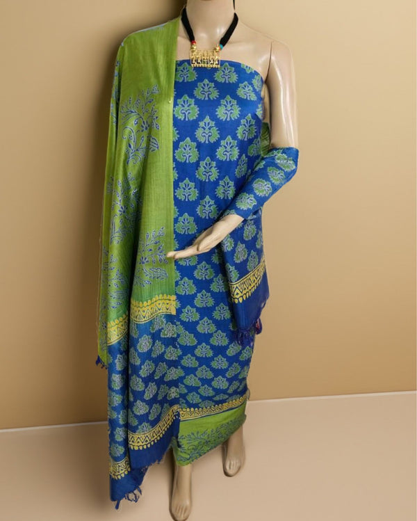 Katan Silk Glossy Blockprint Blue Suit
