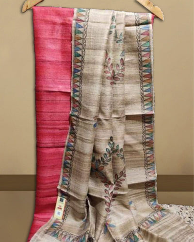 Silkmark Tussar Beige Madhubani Effulgent Dupatta & Red Top