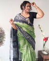 Slub Linen Saree Batik Print Moss Green Color with running blouse-Indiehaat