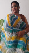 Artisanal Kota Doria Yellow & Blue Saree Blockprinted