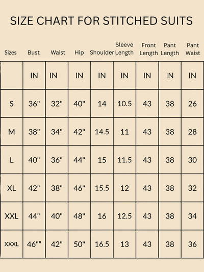 Size chart for IndieHaat products - Women's Kurti