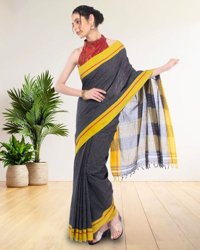 Handloom Mark Patteda Anchu Vibrant Black Cotton Saree