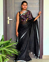 Pure Linen Handloom Saree Eerie Black Color Hand Embroidered with Running Blouse-Indiehaat